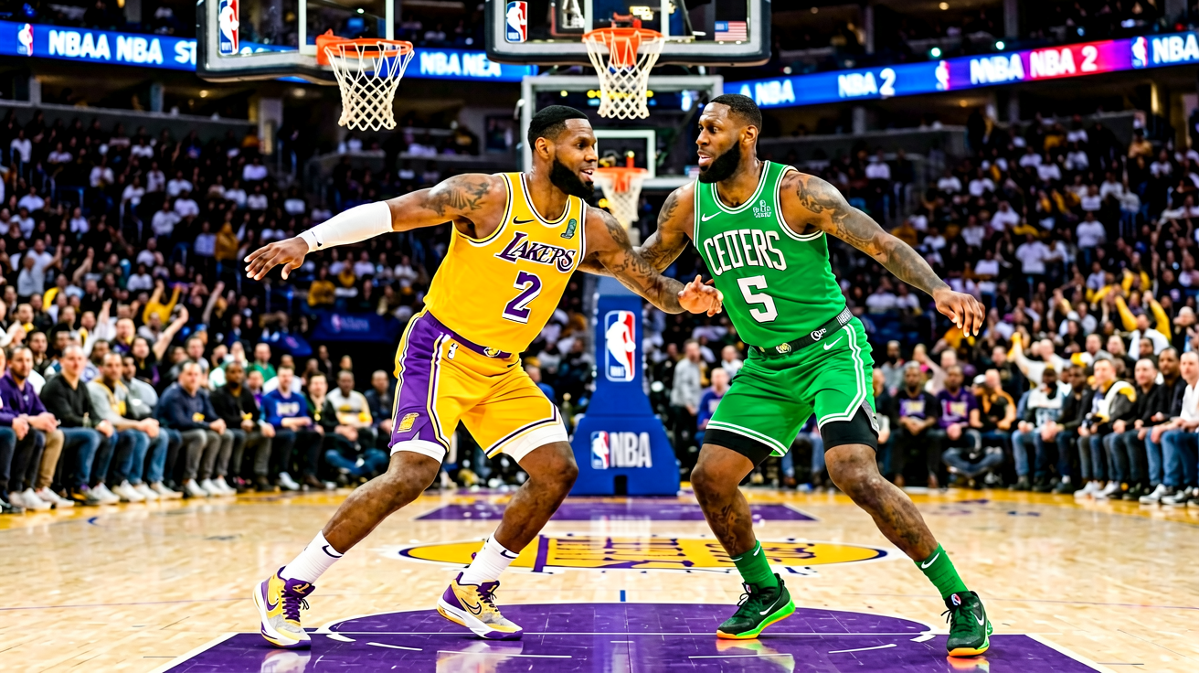 NBA比赛现场，湖人队与凯尔特人激烈对抗